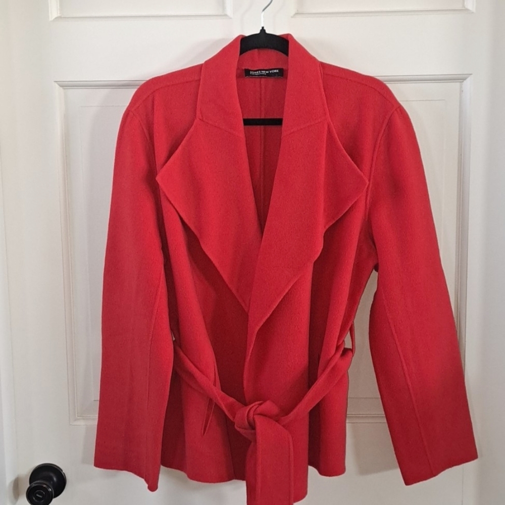 Jones New York Wool Blend Classic Warm Red Wrap Belted Jacket Fleece Oversized